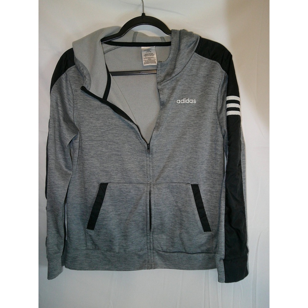 Adidas Kids Gray Full Zip Hoodie Activewear Jacket White Stripe Large